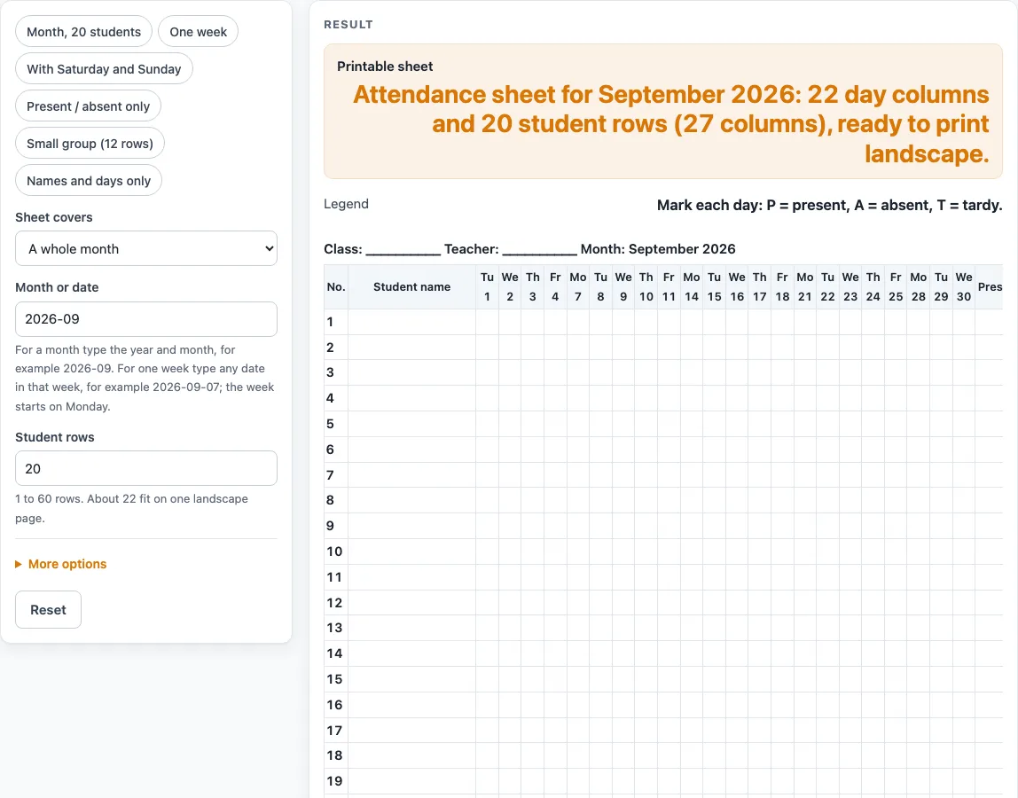 Attendance sheet example