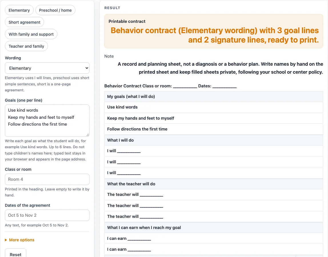 Behavior contract template example