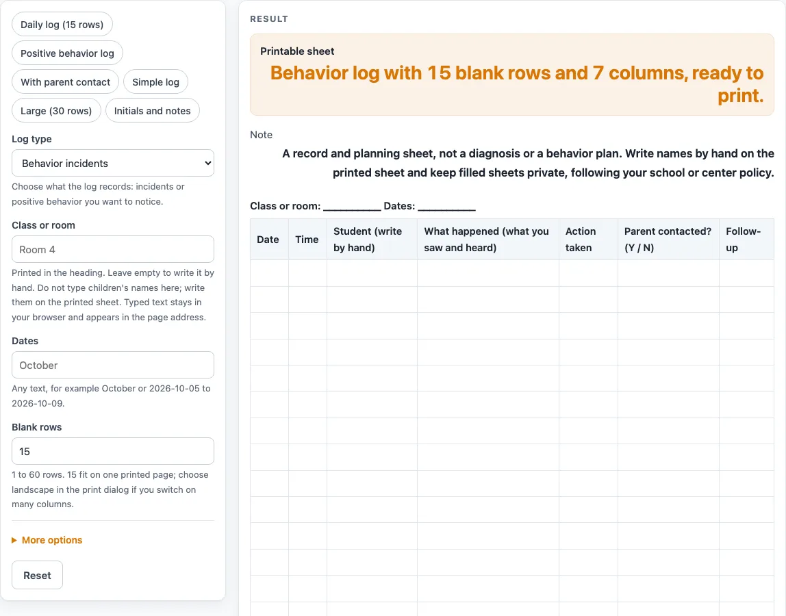 Behavior log example