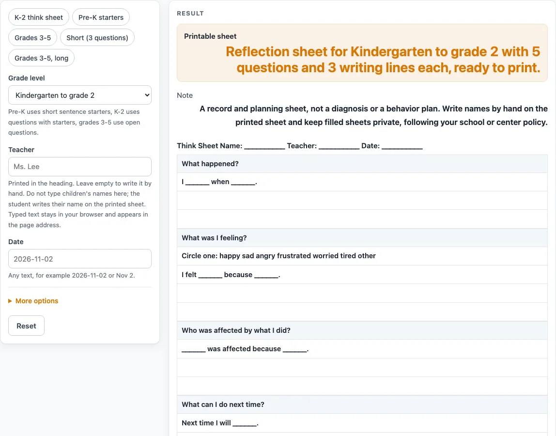 Behavior reflection sheet example