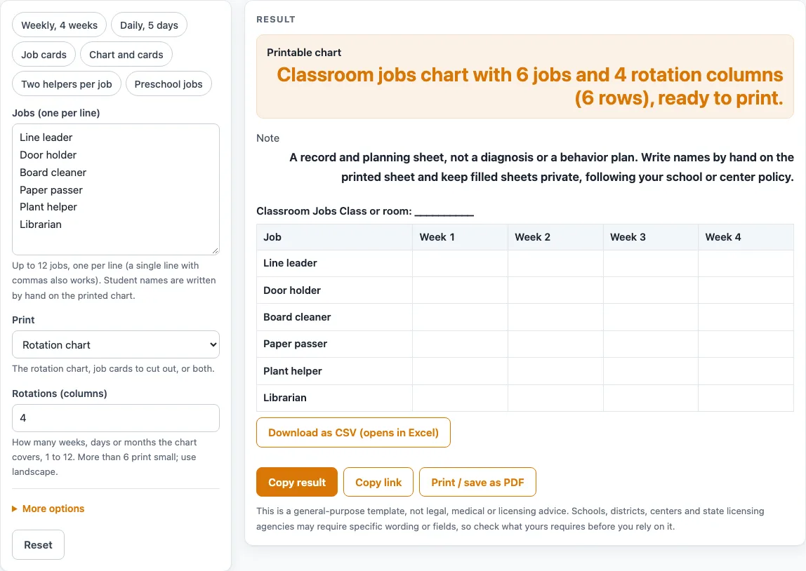 Classroom jobs chart example