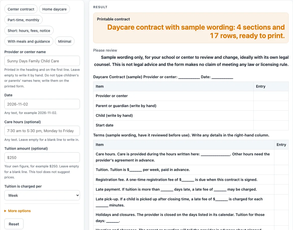 Daycare contract example