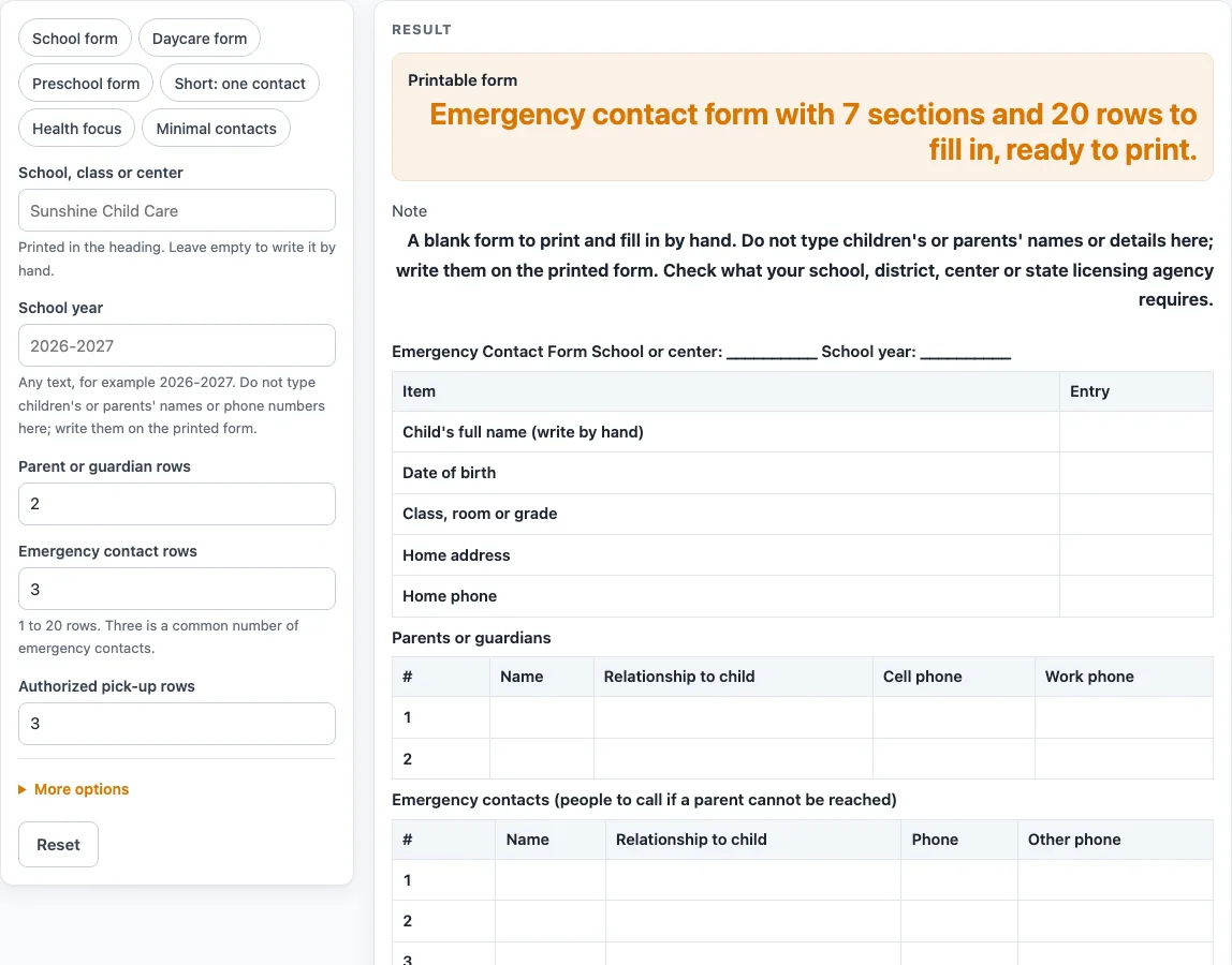 Emergency contact form example