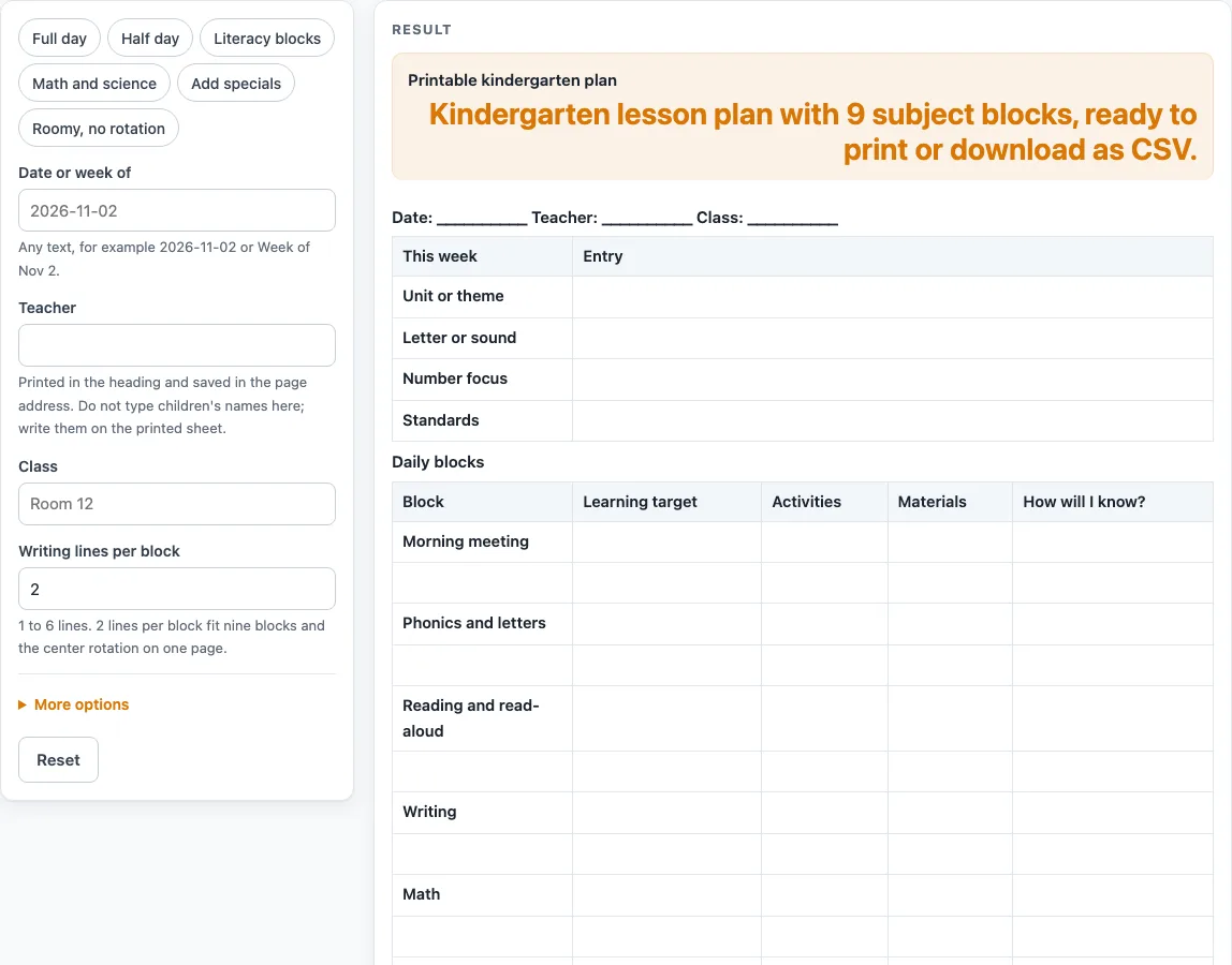 Kindergarten lesson plan template example