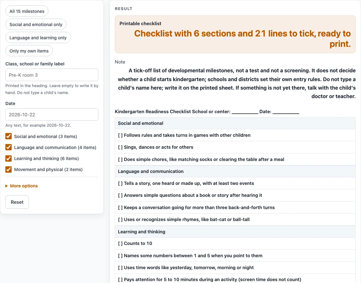Kindergarten readiness checklist example