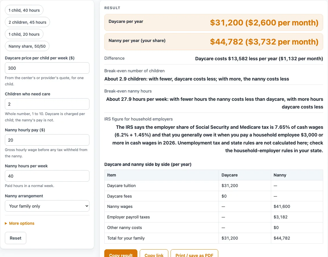 Nanny cost vs daycare example