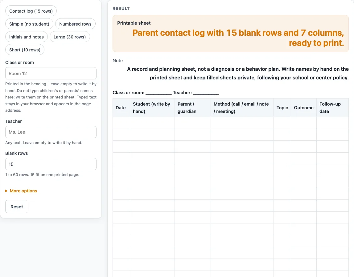 Parent contact log example