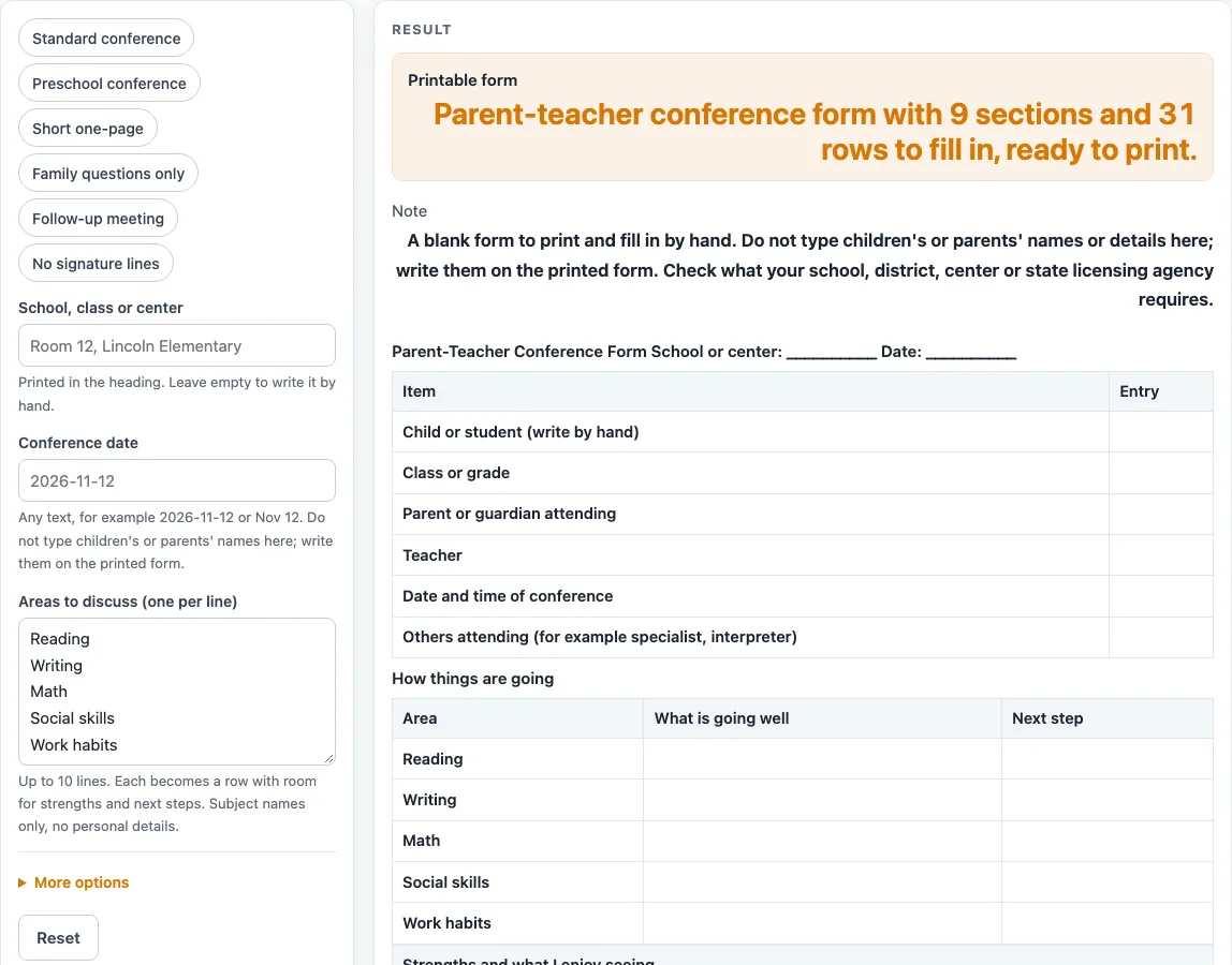 Parent teacher conference form example