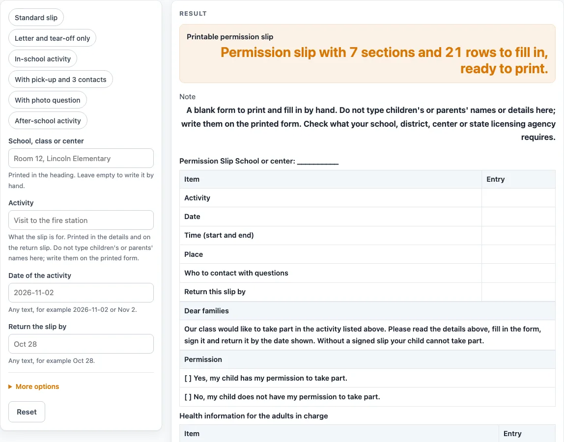 Permission slip template example