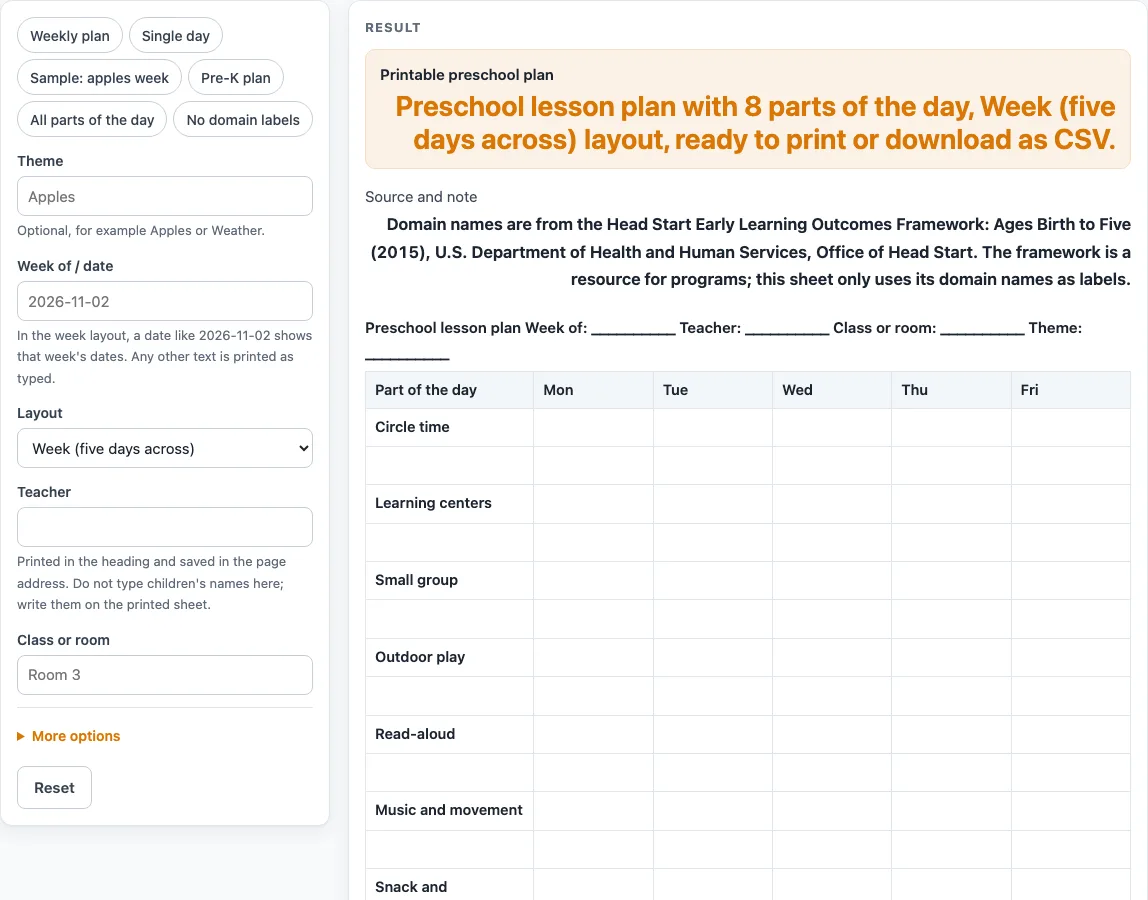 Preschool lesson plan template example