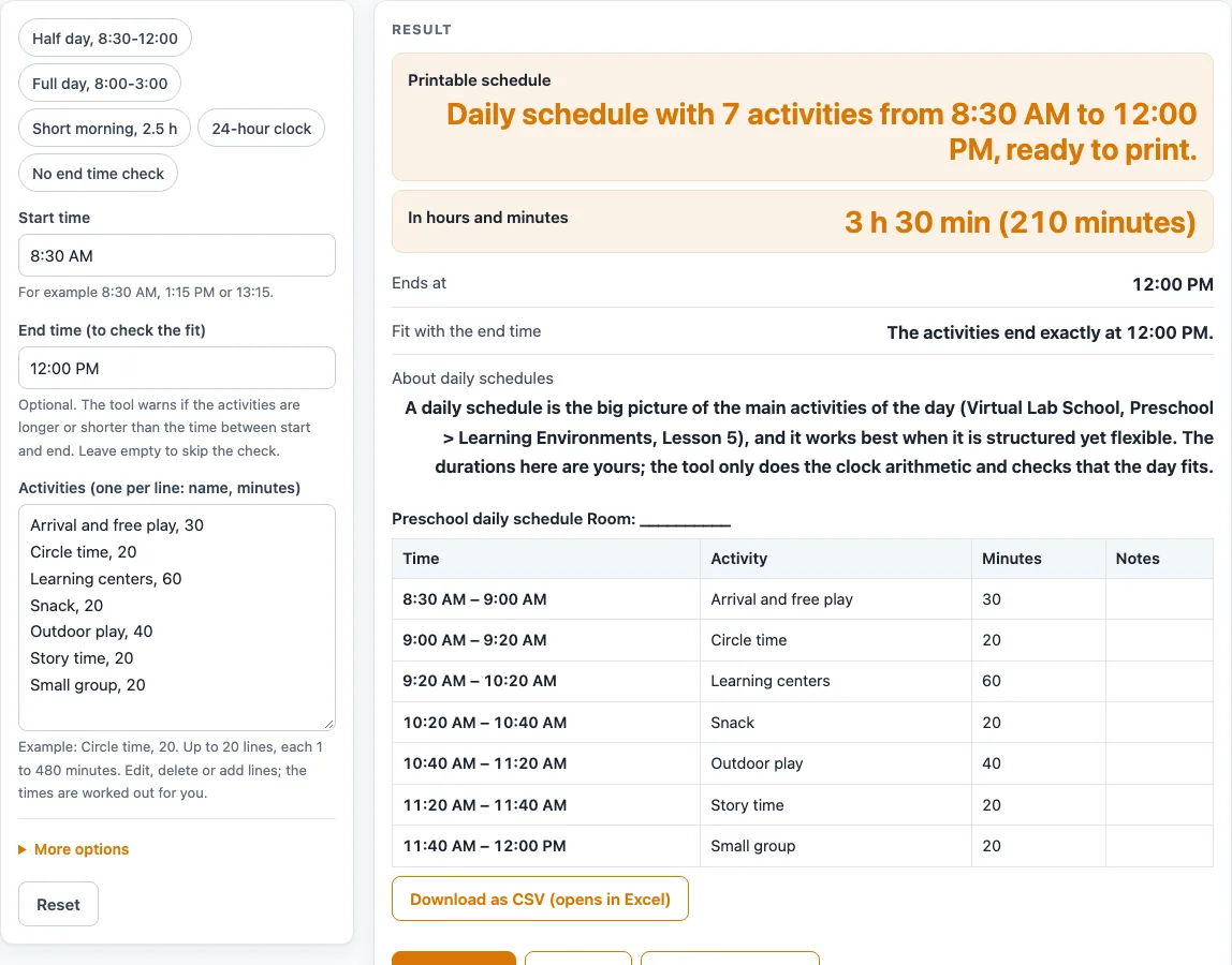 Preschool schedule example