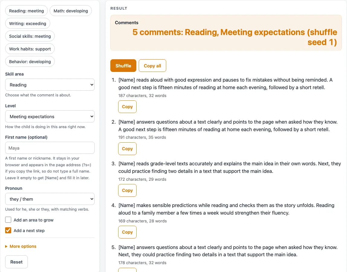 Report card comments example