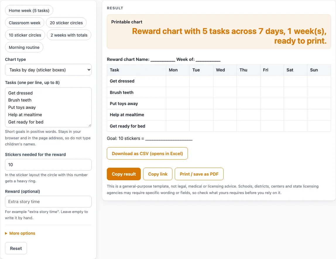 Reward chart example