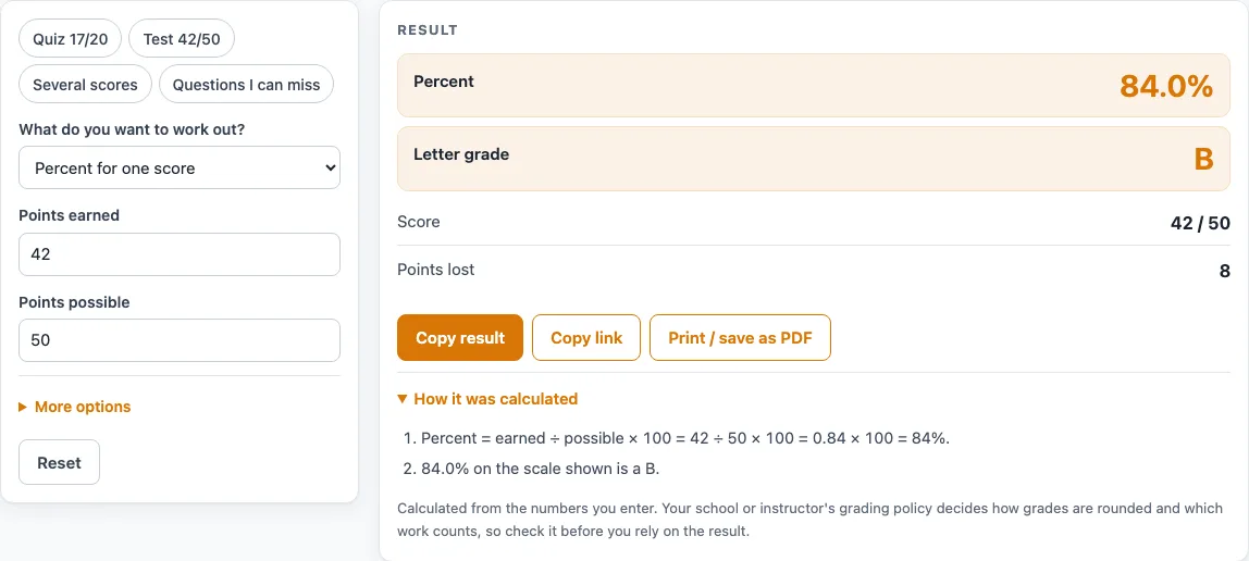 Test score calculator example